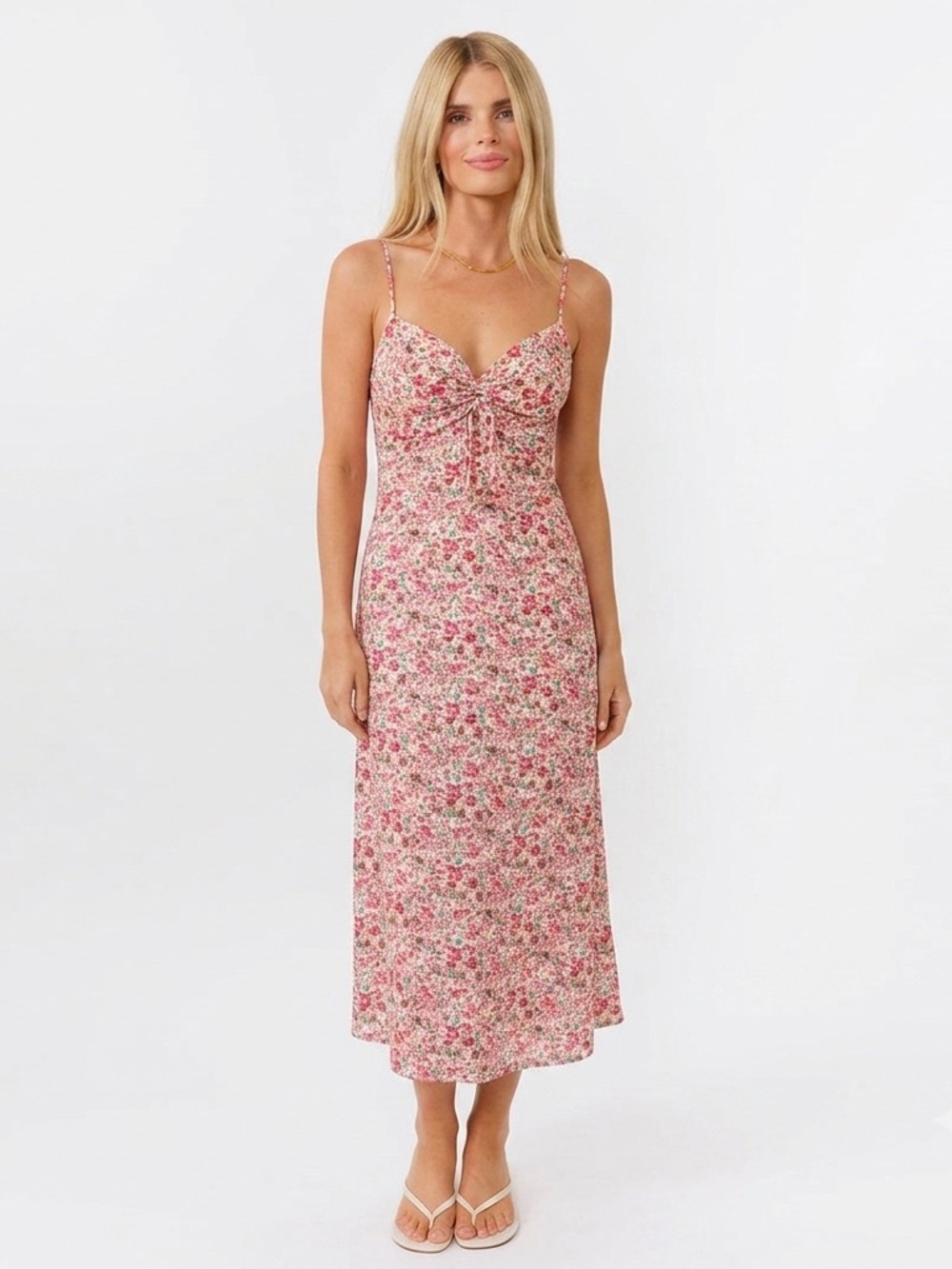 Kittenish Sweetheart Slip Cinched Midi Slide Slit Dress Ditsy Floral Size XS